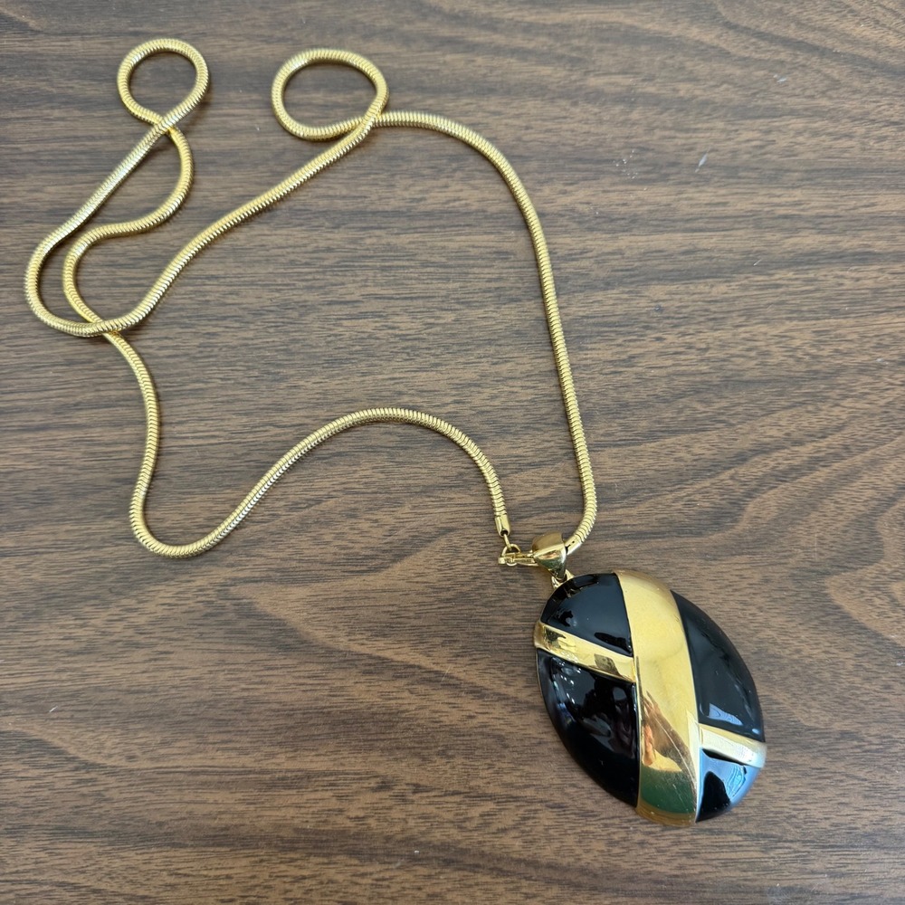 Vintage Monet Black Enamel Gold Tone Oval Pendant Snake Chain Necklace 30"